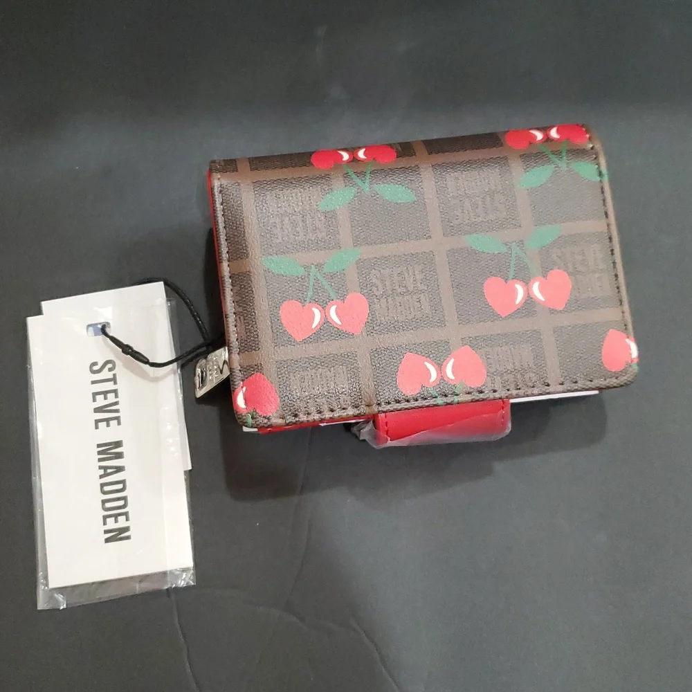 Steve Madden brown plaid checkered look and cherry print bglory red snap wallet - Picture 3 of 12